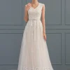 JJsHouse Robe Trapèze Col V Balayage/pinceau Train Dentelle Tulle Robe De Mariée Avec Brodé Arc Paillettes