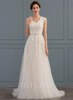 JJsHouse Robe Trapèze Col V Balayage/pinceau Train Dentelle Tulle Robe De Mariée Avec Brodé Arc Paillettes