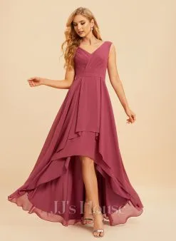 Jjshouse.fr Robe Trapèze Col V Asymétrique Mousseline Robe De Demoiselle D'honneur Avec Plissé