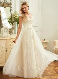 JJsHouse Robe Trapèze Scoop Balayage/pinceau Train Dentelle Tulle Robe De Mariée Avec Plissé
