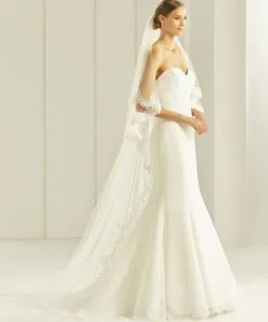 S258 - Bianco Evento Voile Bordure En Dentelle Perlée