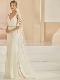 S408 Bianco Evento - Voile Mariage Long Dentelle Ivoire