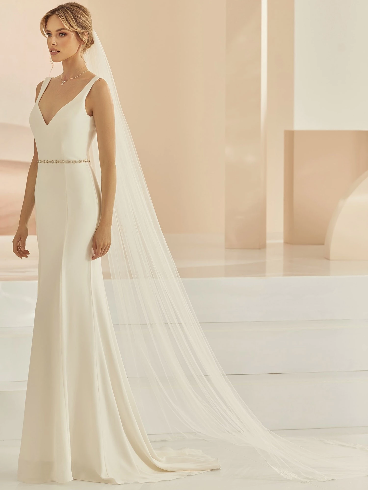 S414 Bianco Evento Voile Long Tulle Et Dentelle 1 S414 Bianco Evento Voile Long Tulle Et Dentelle