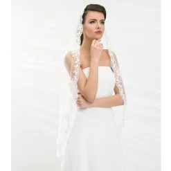 Voile De Mariée Mi-long Dentelle Ivoire Et Perles De Verre Flaviana